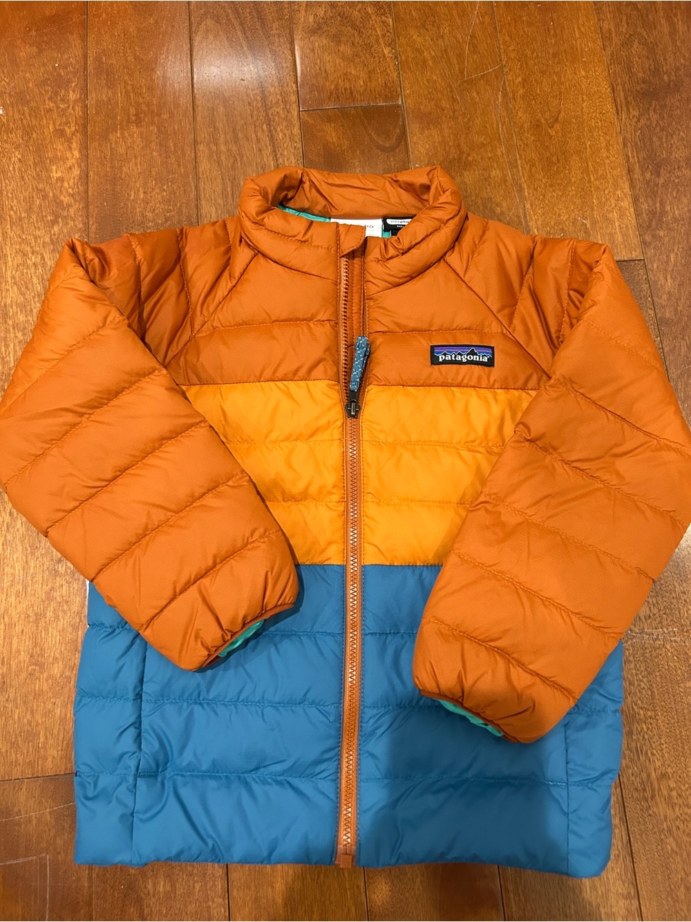 Patagonia Kids Colorblock Puffer Jacket in Burnt Orange, Golden Yellow & Teal